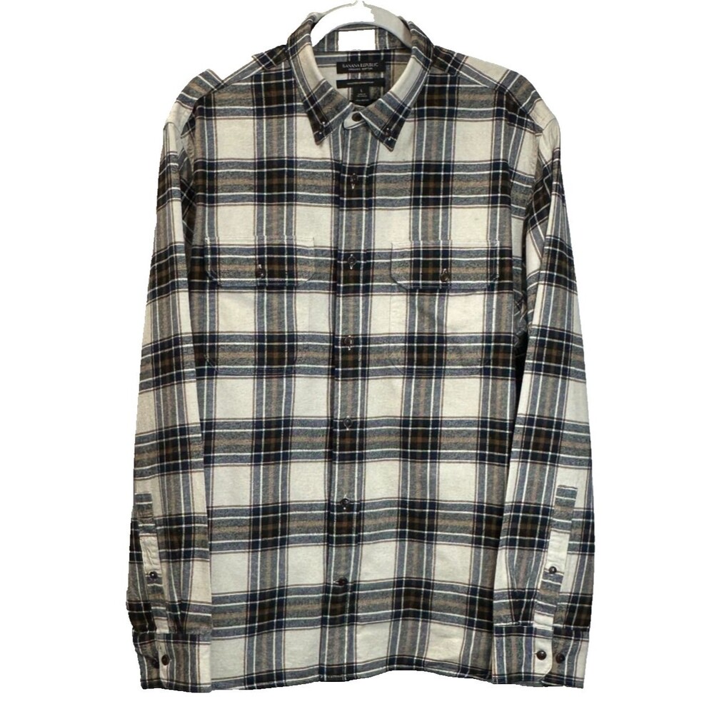 Banana Republic Shirt Men L Plaid Flannel Untucked Standard Fit Organic Cotton
